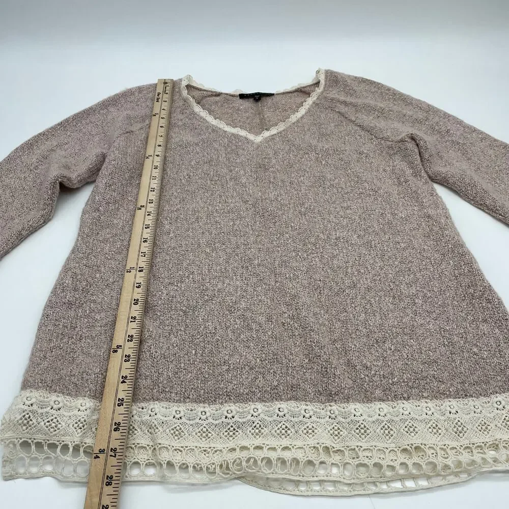SANCTUARY Pink Knit Crochet V-Neck Soft Sweater Womens Size L Cottage Coquette